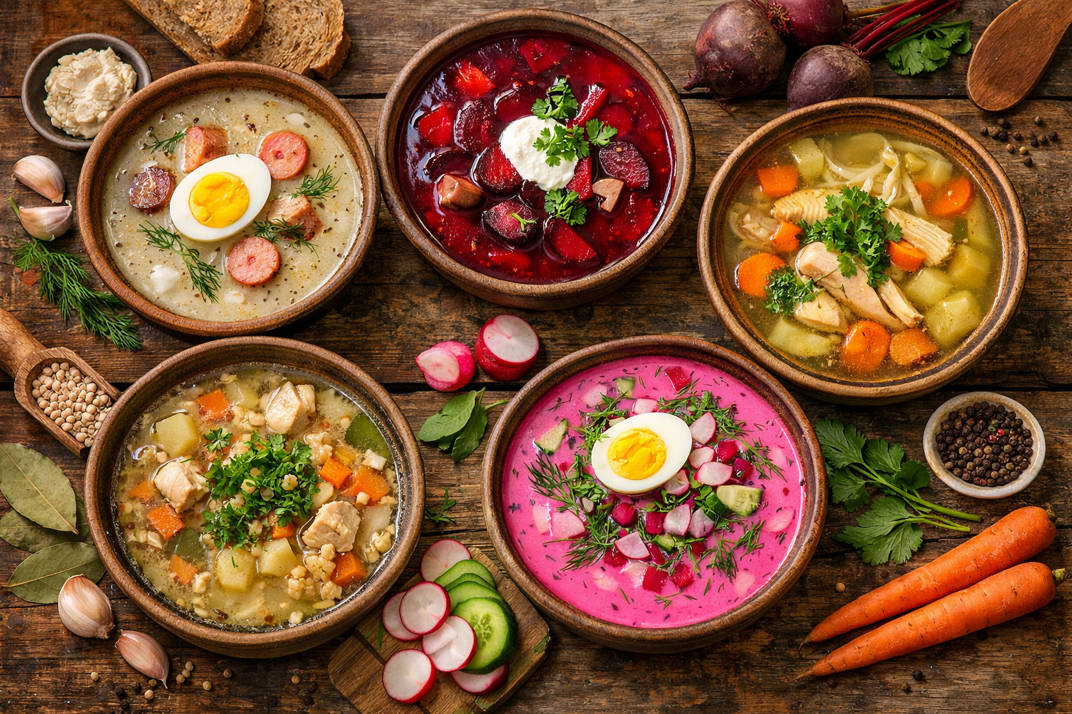 Miska tradycyjnego żurku na zakwasie z chlebem i kiełbasą