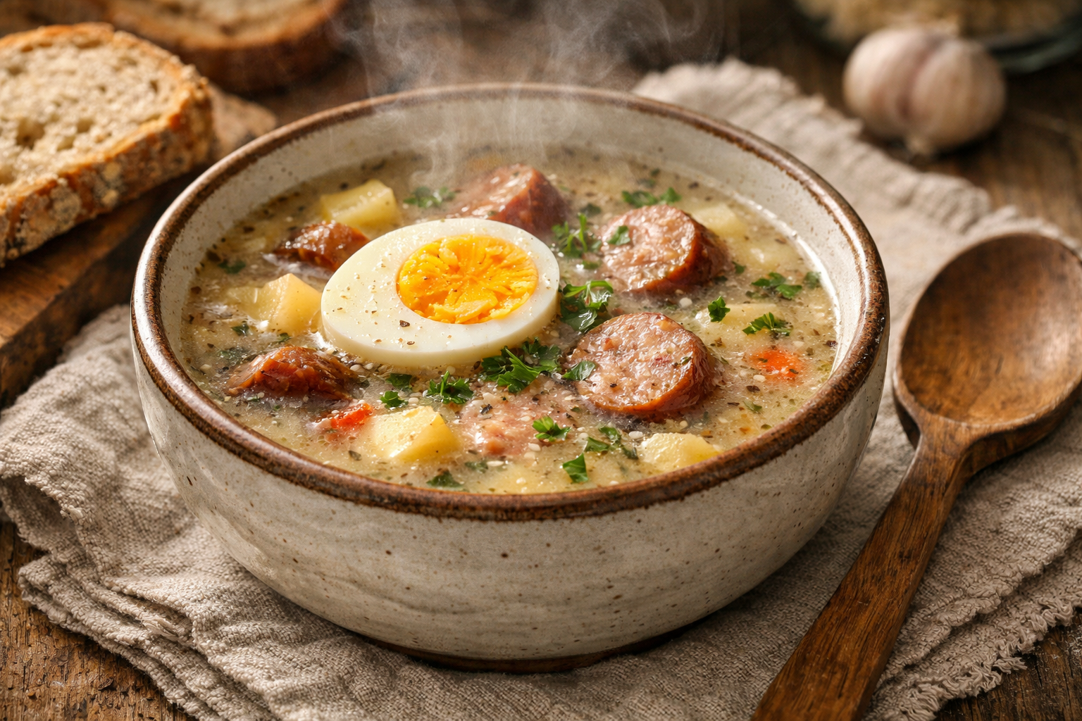 Gęsty żurek z białą kiełbasą i jajkiem, podany w kamiennej misce